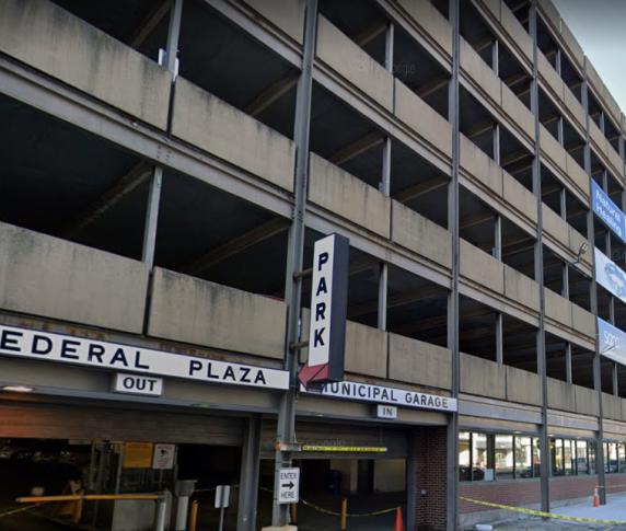A street view of the Federal Plaza parking garage
