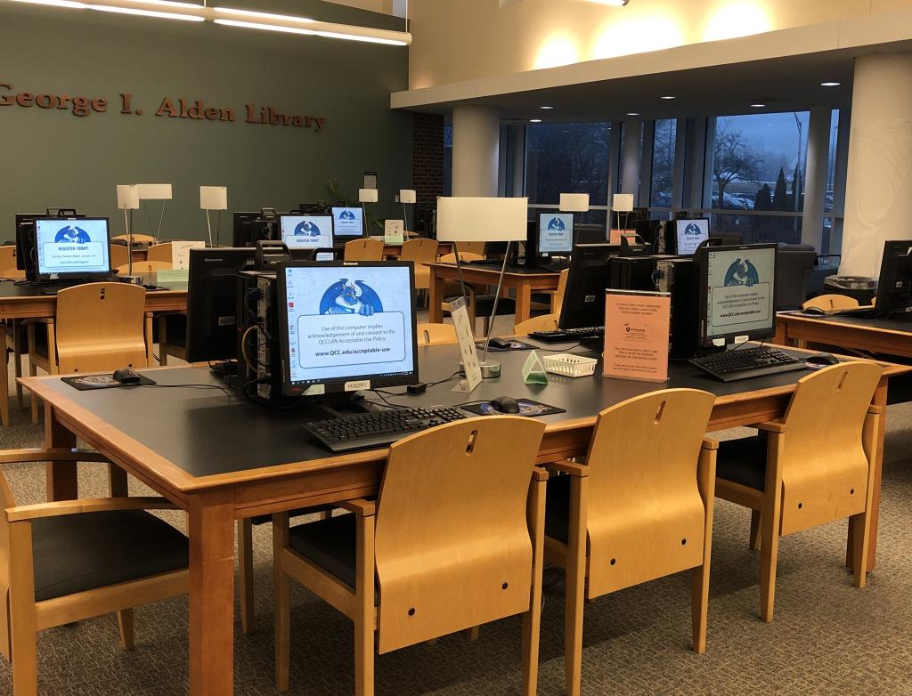 The Alden Library’s work area with computers and desks