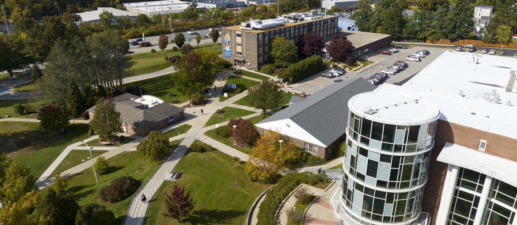 An aerial shot of The Quinsigamond Community College campus