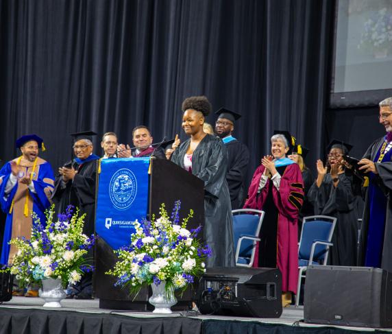 QCC student Ashley Lester sang the national anthem at the 2024 commencement ceremony.