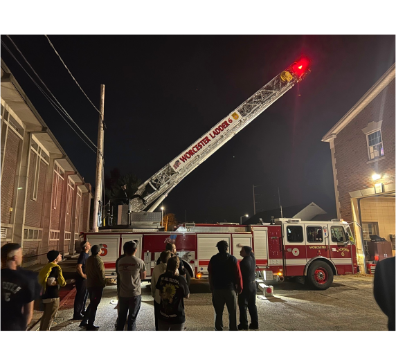 Students get a close up look of a fire engine