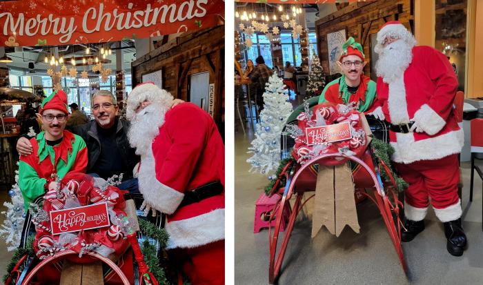 Tyler Wills (left) with QCC President Dr. Luis Pedraja and Santa at the Worcester Public Market