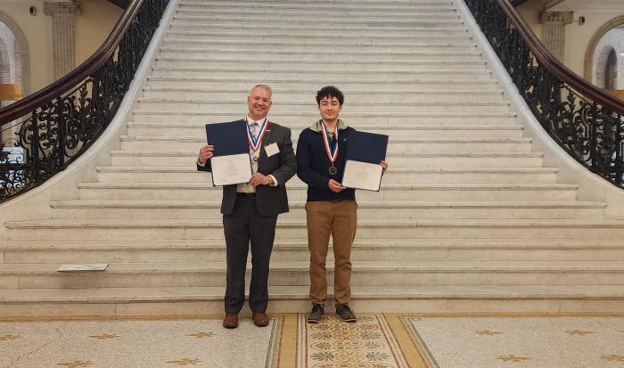 Jon Sawyer (left) and Quint Kunar-Hallas at the Massachusetts State House