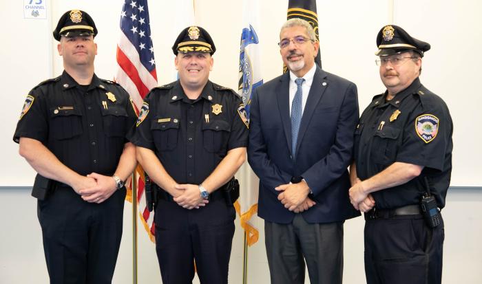 From left: Deputy Chief of Operations Mike Vigeant, Chief of Police Stephen DiGiovanni, QCC President Dr. Luis Pedraja and Deputy Chief of Administration Reynaldo Rodriguez. From left: Deputy Chief of Operations Mike Vigeant, Chief of Police Stephen DiGiovanni, QCC President Dr. Luis Pedraja and Deputy Chief of Administration Reynaldo Rodriguez.