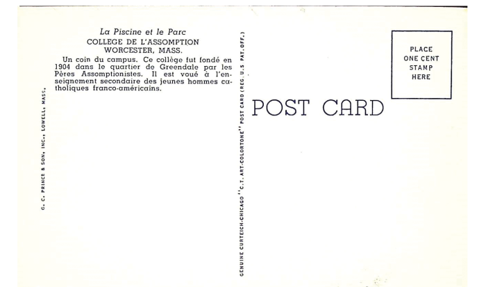 The back of a postcard from Assumption Preparatory School. The back of a postcard from Assumption Preparatory School.