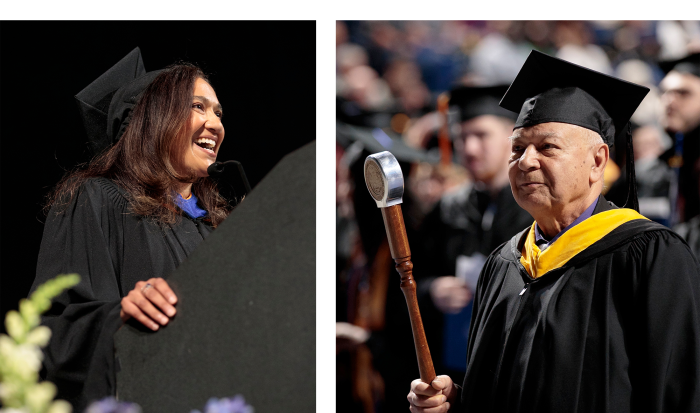 Professor of Environmental/Physical Science Anita Soracco (left) gave the faculty remarks and Professor of Engineering & Sciences Dadbeh Bigonahy served as marshal. Professor of Environmental/Physical Science Anita Soracco (left) gave the faculty remarks and Professor of Engineering & Sciences Dadbeh Bigonahy served as marshal.