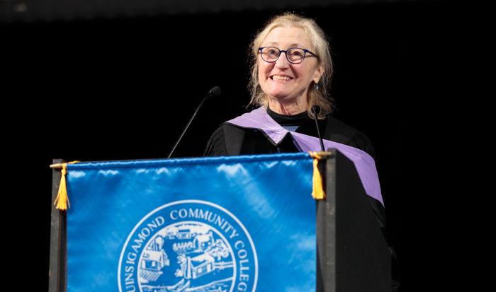Board of Trustees Chair Dr. Linda Maykel at QCC's commencement ceremony. Board of Trustees Chair Dr. Linda Maykel at QCC's commencement ceremony.