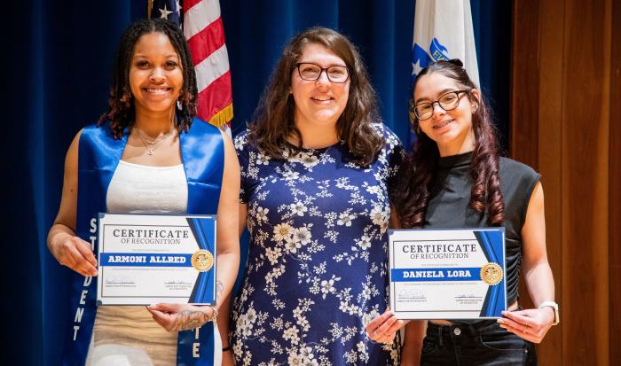 (From left) student Almoni Allred, Women's Volleyball Coach Heather Santana and Daniela Lora (From left) student Almoni Allred, Women's Volleyball Coach Heather Santana and Daniela Lora
