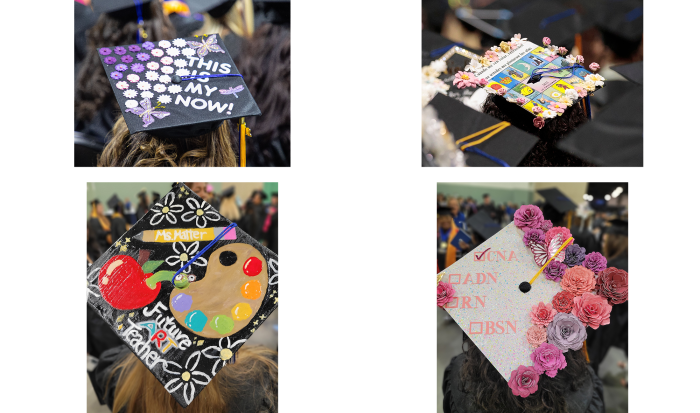 Students love to express themselves on their mortarboard caps. Students love to express themselves on their mortarboard caps.