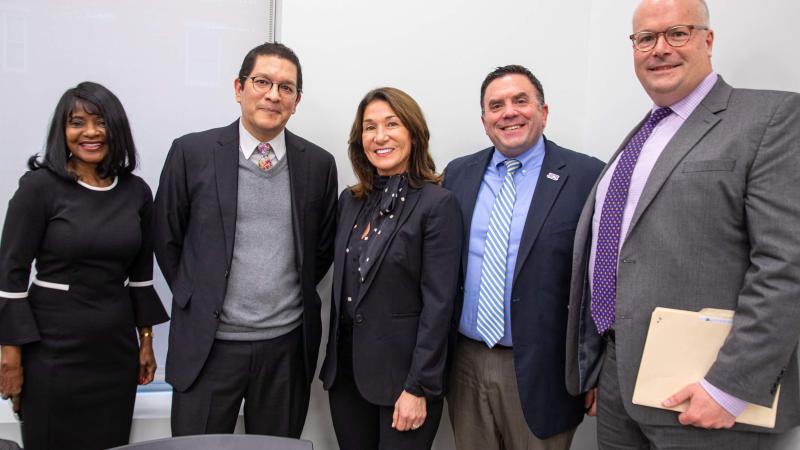 From left: Senior Deputy Commissioner for Access & Student Financial Assistance Clantha McCurdy, Department of Higher Education Commissioner Noe Ortega, Lt. Gov. Karyn Polito, Interim Chair of QCC Board of Trustees Alex Zequeira and QCC VP of Academic Affairs Dr. James Keane