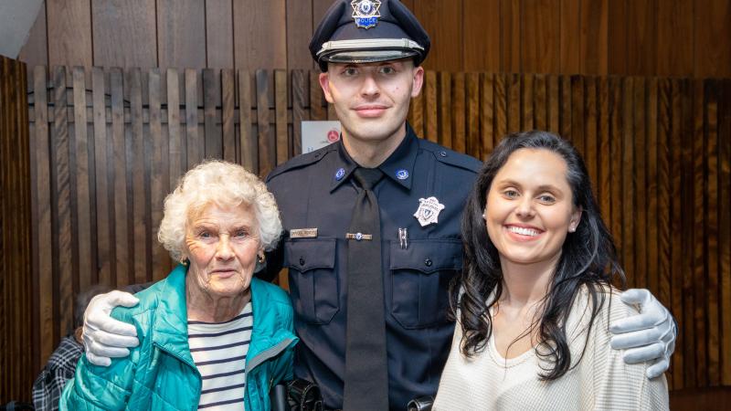 QCC Police Officer Derek Mendes with his grandmother Lani Carroll (left) and sister Elizabeth Mendes
