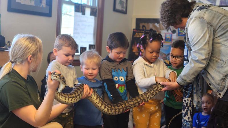Students get to hold a carpet python.