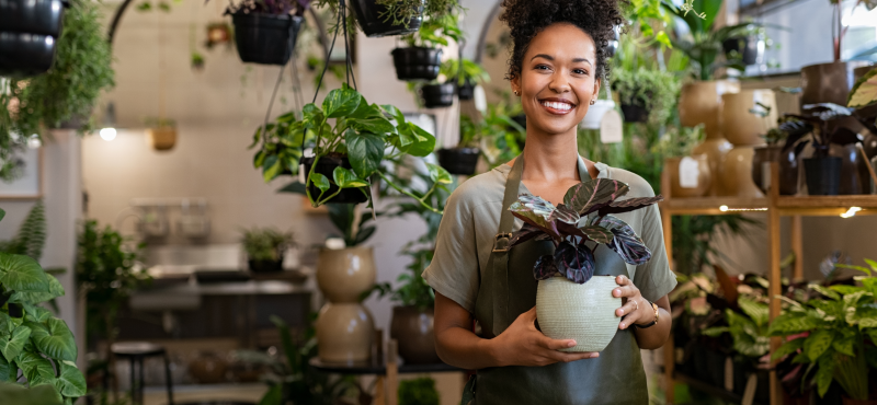 A female employee holds a potted plant in a plant shop